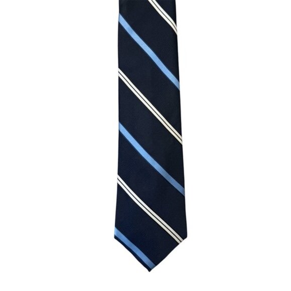 Tommy Hilfiger silk tie with white & light blue stripes on navy background - Picture 2 of 8
